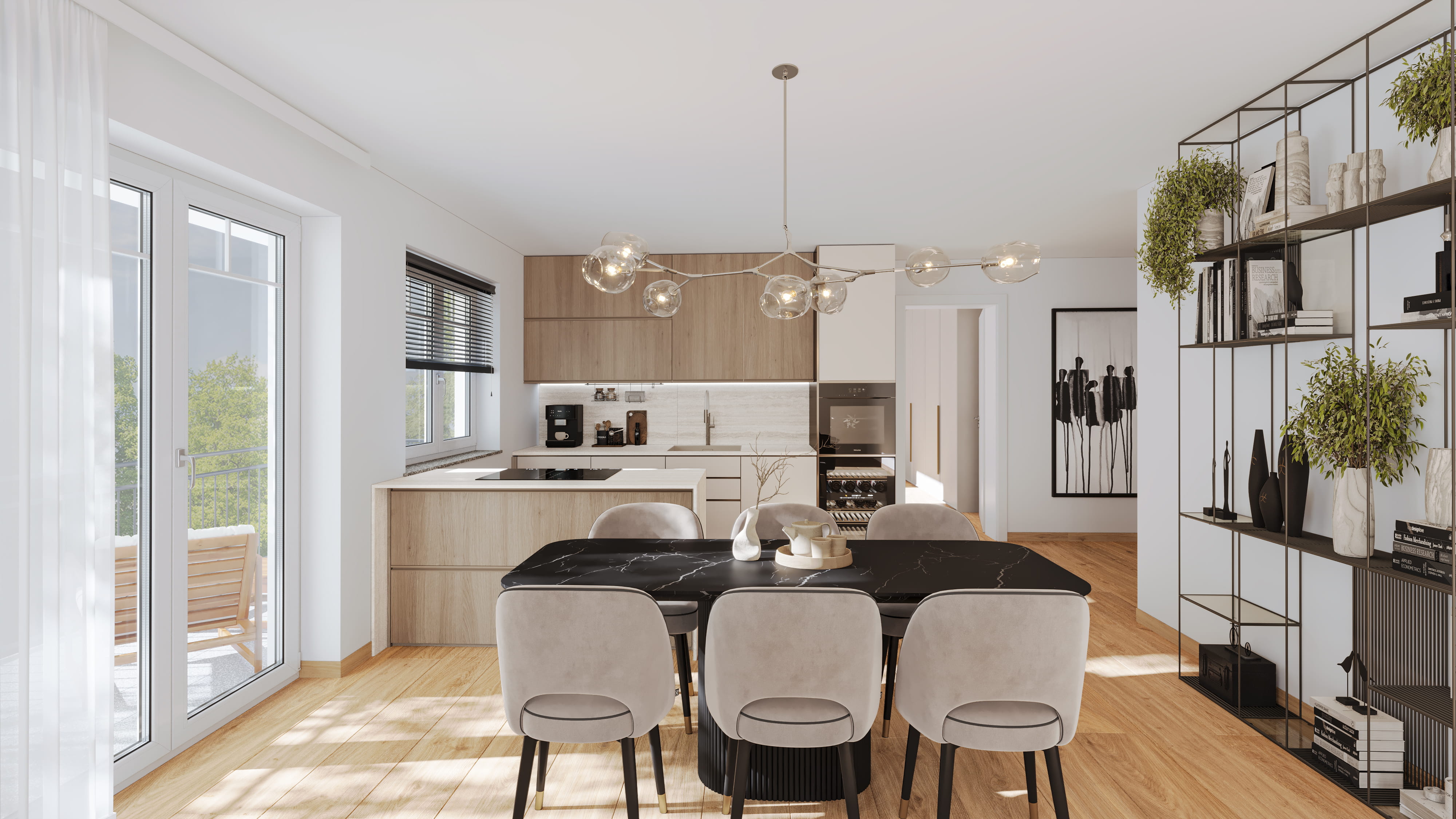 Virtuelles Home Staging eines hellen, offenen Küchen- und Essbereichs. Die fotorealistische 3D-Visualisierung zeigt ein luxuriöses und modernes Einrichtungskonzept: Im Zentrum steht ein eleganter schwarzer Marmortisch mit beigen Polsterstühlen unter einer auffälligen Designer-Pendelleuchte. Im Hintergrund schließt sich eine hochwertige Einbauküche mit hellen Holzfronten, Kochinsel und integriertem Weinkühlschrank an. Ein offenes schwarzes Metallregal mit stilvoller Dekoration auf der rechten Seite sowie große Glastüren, die auf einen Balkon führen, unterstreichen das lichtdurchflutete Raumgefühl. Ein warmer Holzboden verbindet die Bereiche harmonisch – eine perfekte digitale Immobilienaufwertung für Exposés.